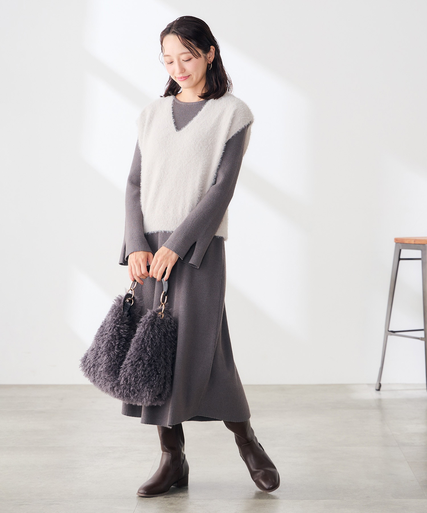 【低身長サイズ】2SET フェザー ベスト × リブニット ワンピース