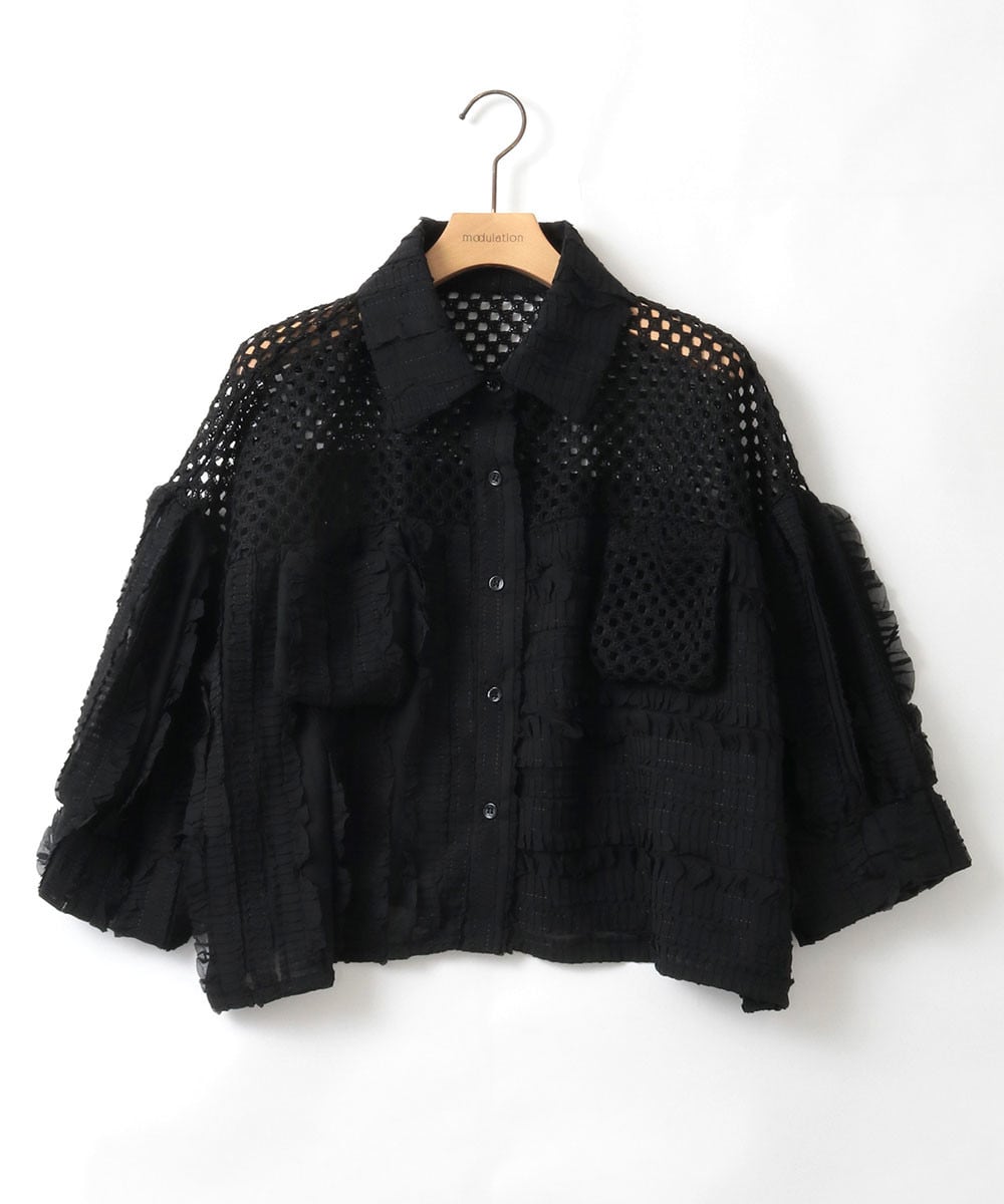 メッシュフリルコンビブラウス