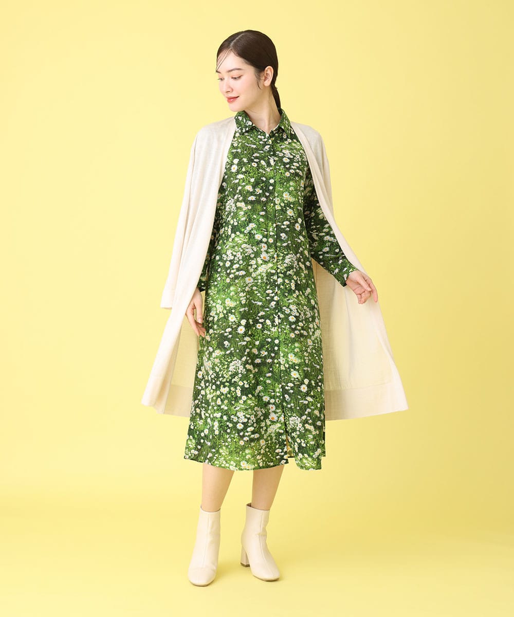 Chamomile print shirtdress x Long knit cardigan