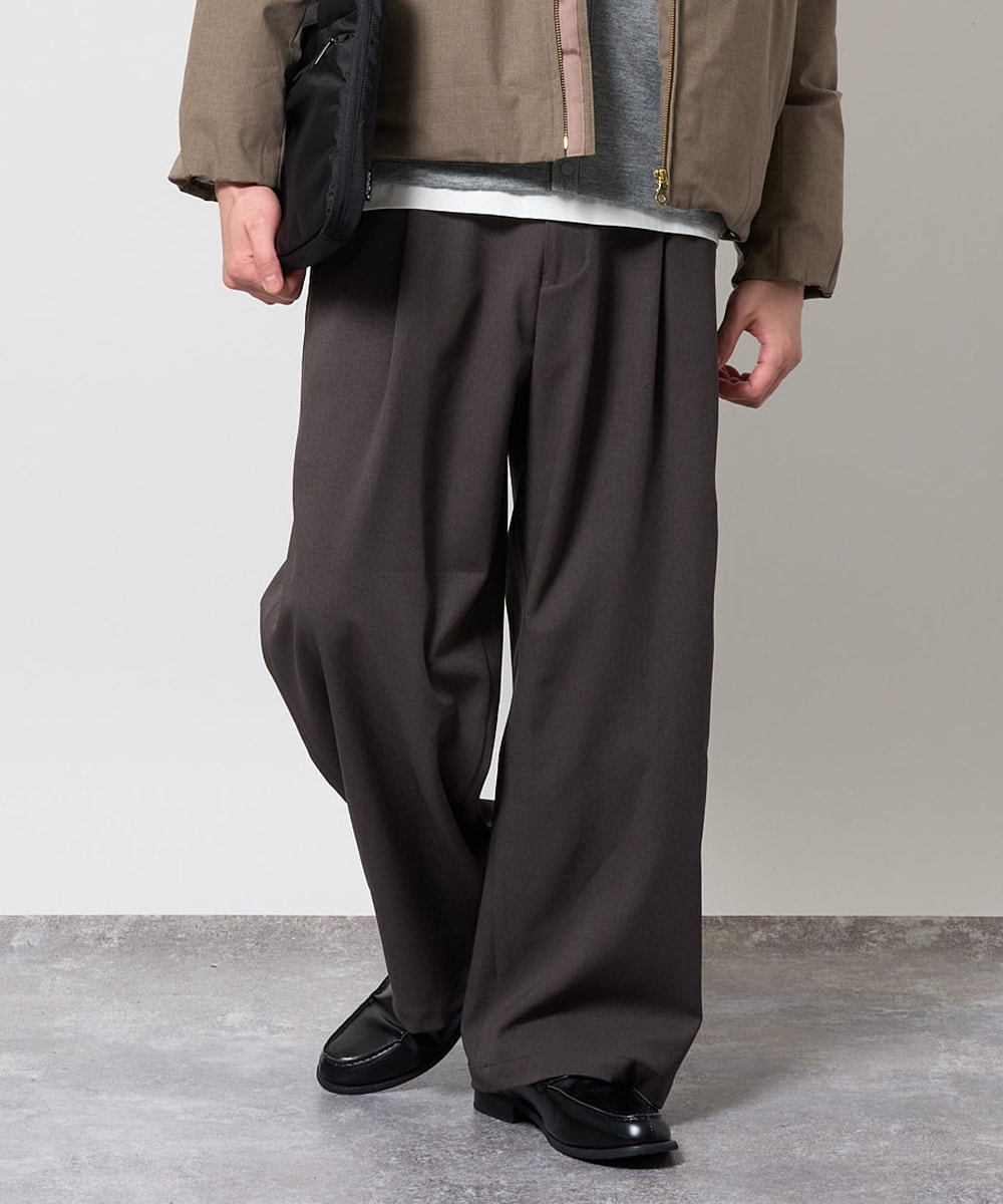 <大人の上品ワイドパンツ> ツイルストレッチワンタックカーブパンツ