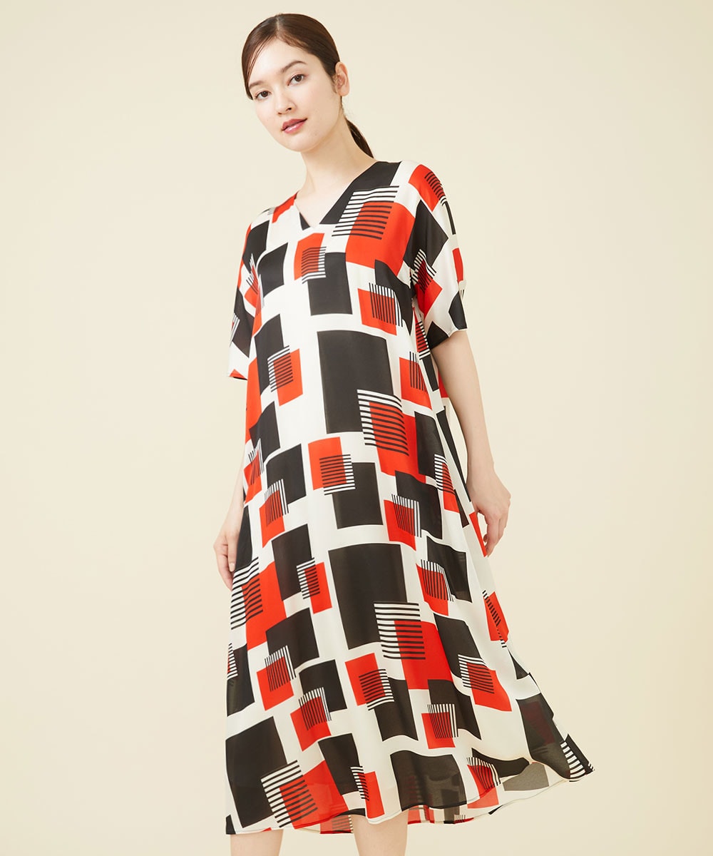 Square print silk dress