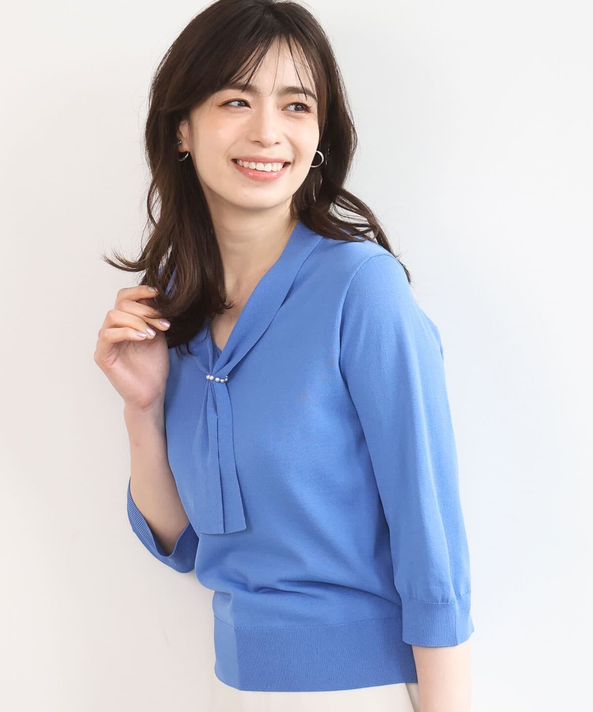 ボウタイデザイン六分袖ニット/接触冷感/洗える/WEB限定サイズあり