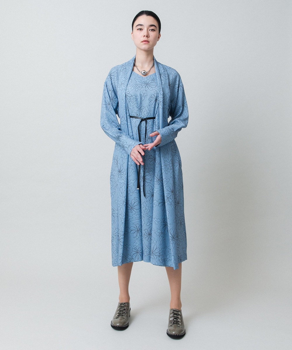 ラインフラワードレープワンピース /日本製/洗える