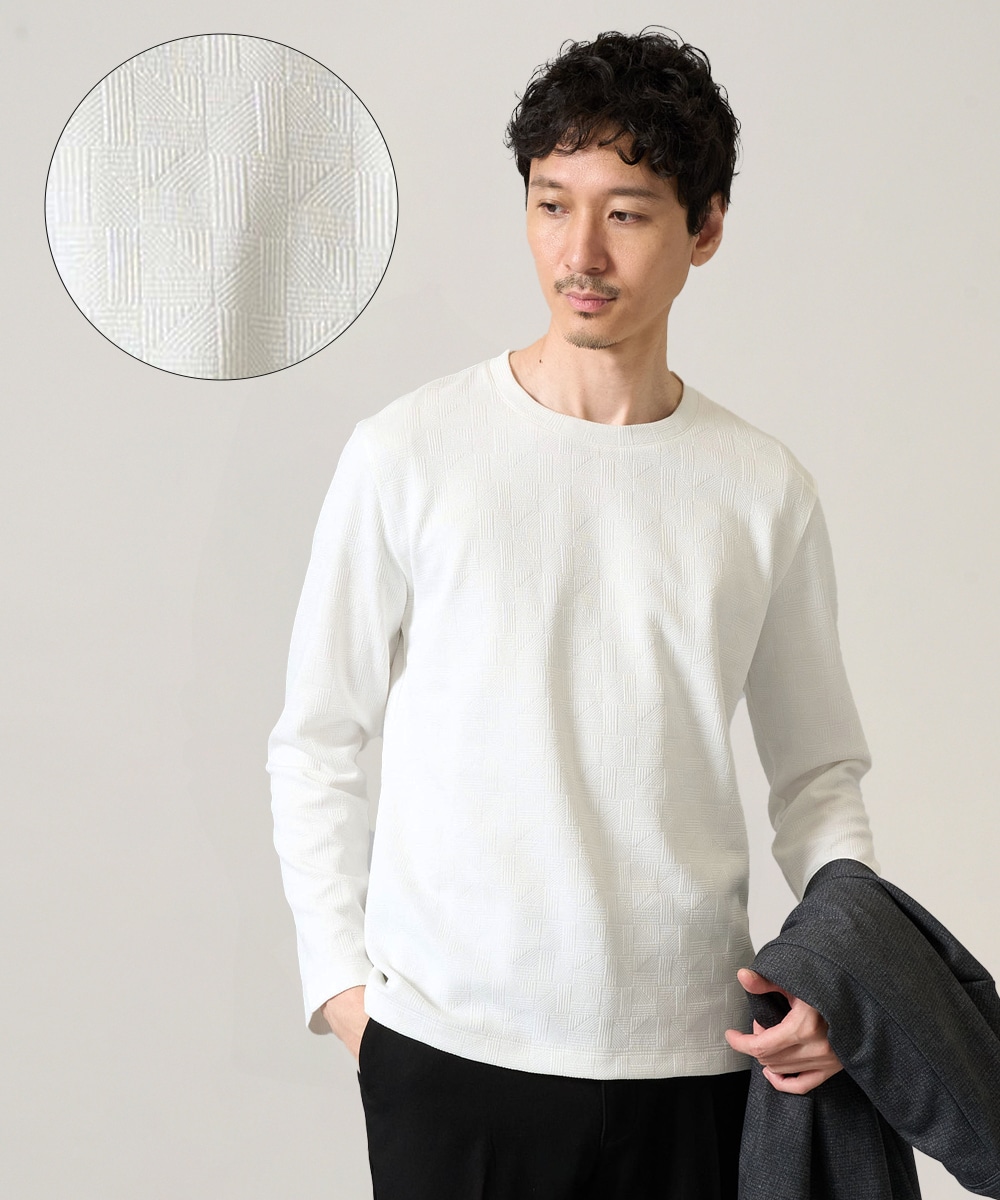 #01,【ジャケット映えカットソー】幾何ジャカードクルーネックＴシャツ　〈ON/OFF SERIES〉