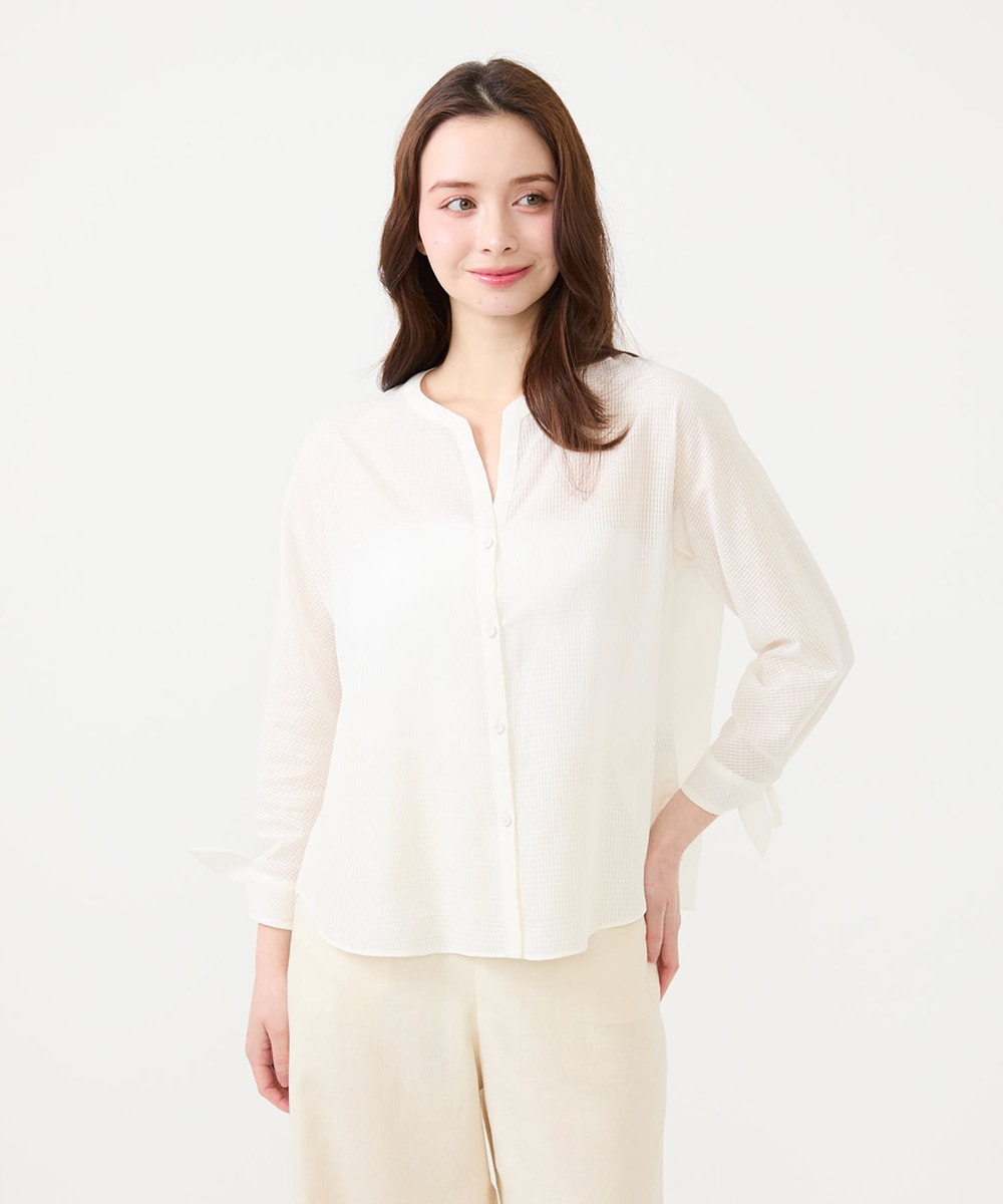 Sheer gingham design cuff blouse