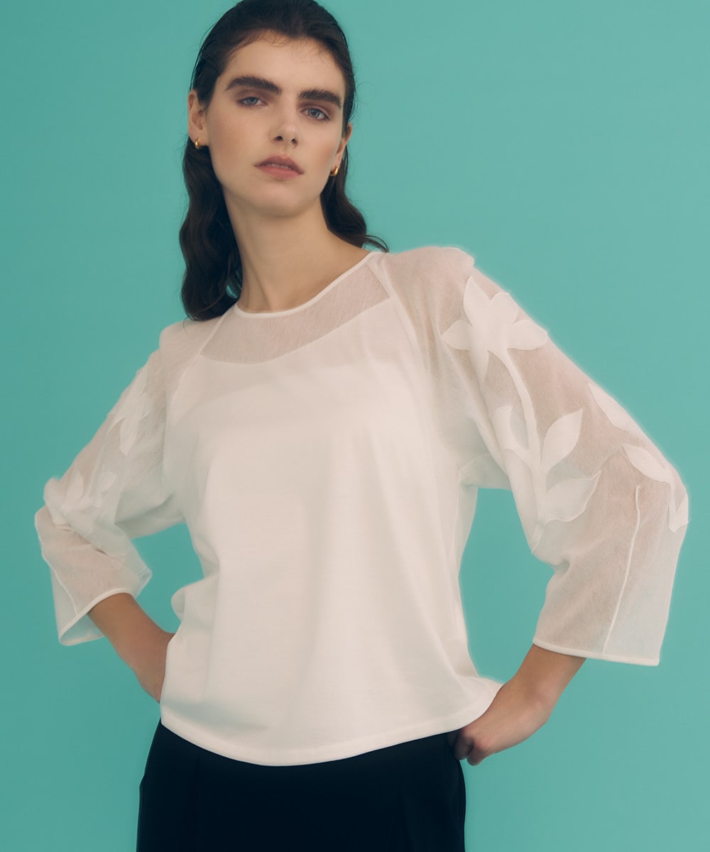 Flower applique sleeve jersey top