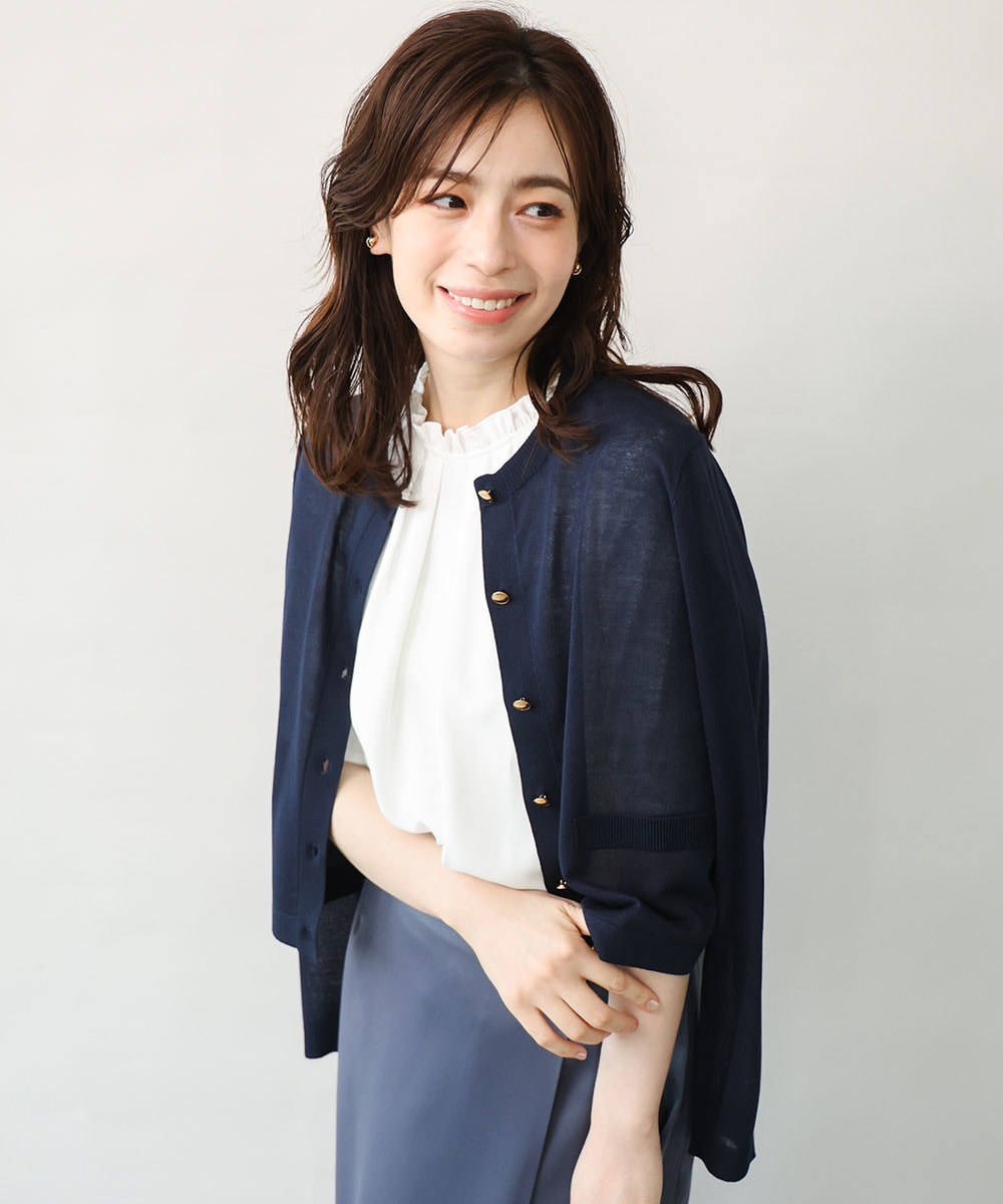 幾何学柄ボウタイ五分袖ブラウス/洗濯機で洗える/WEB限定サイズあり/セットアップ可