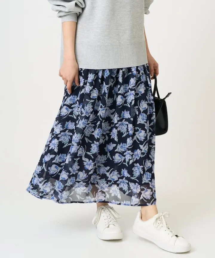 花柄シフォンスカート/丈の長さが選べる/洗濯機で洗える/セットアップ対応