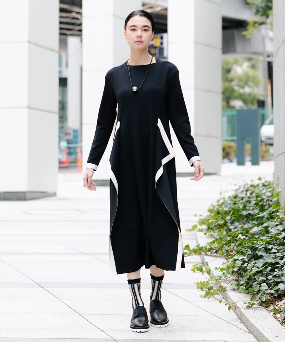 配色ライン立体デザインワンピース /日本製/洗える