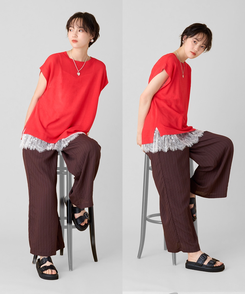 【洗える】フレンチニットプルオーバー＆レースキャミソールセット