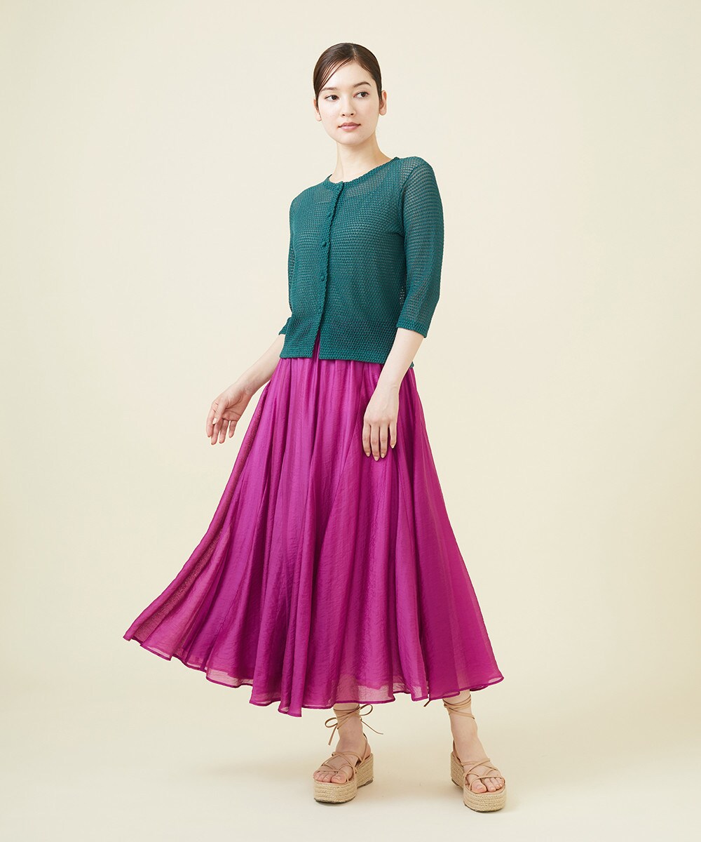 Tencel nylon magenta skirt x Knit cardigan