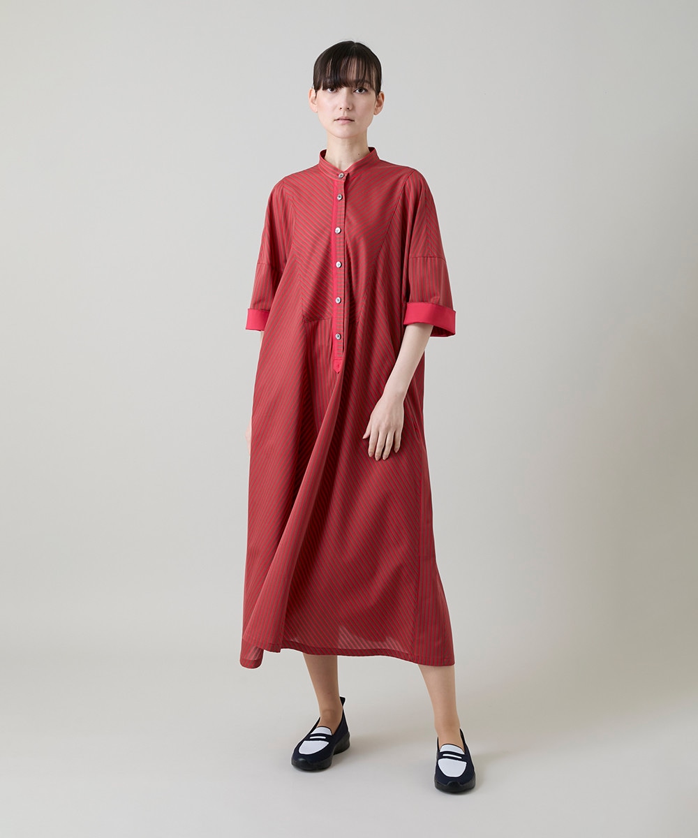 トリコットストライプ切り替えデザインワンピース /洗える