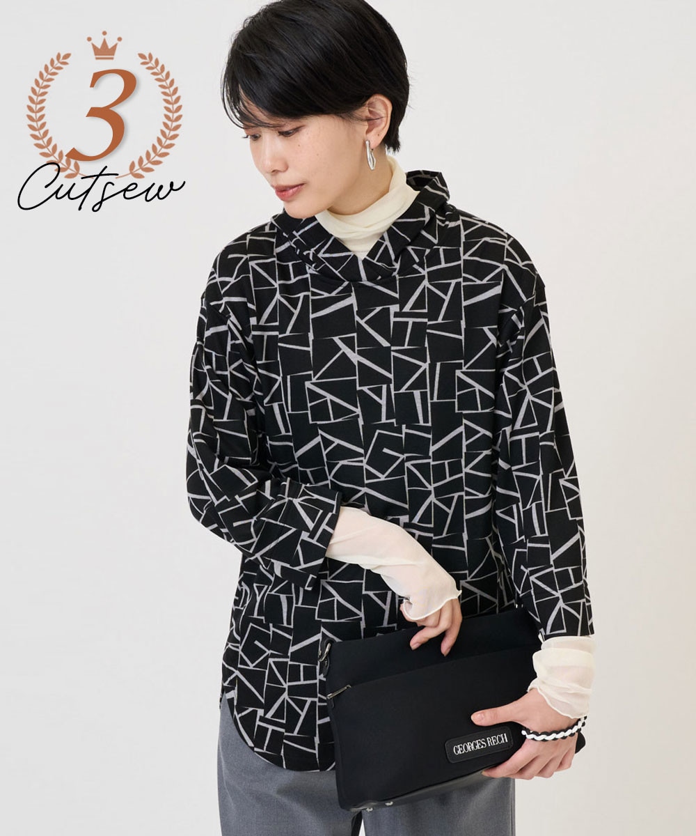 ダブルフェイスミニフード9分袖ロゴカットソー