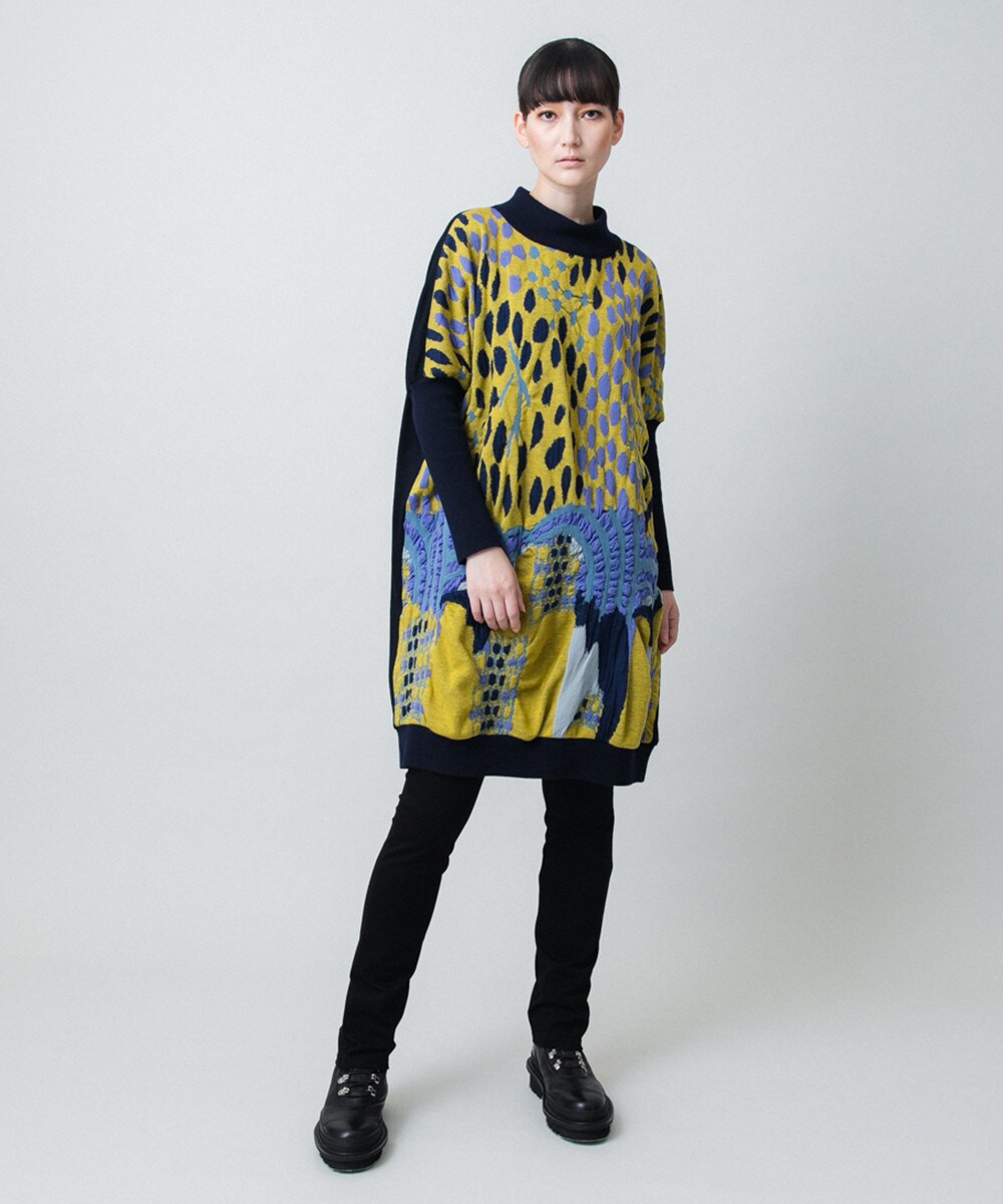 膨れジャカードデザインニットチュニック/日本製