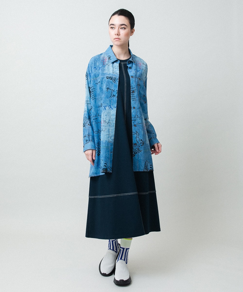 デニム風アートプリントロングシャツ/洗える