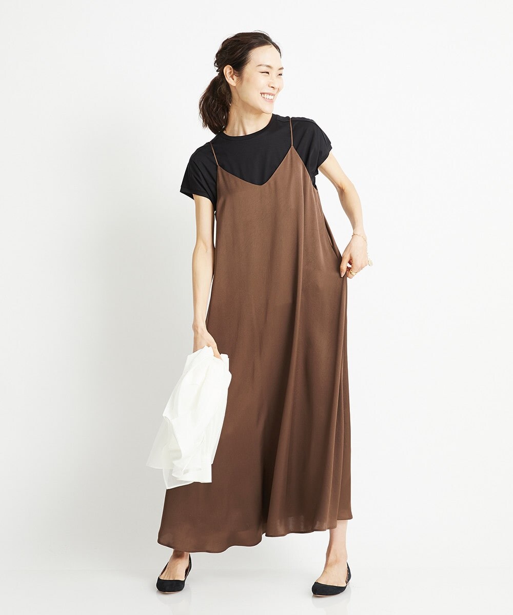 【洗える】ヴィンテージサテンストラップワンピース