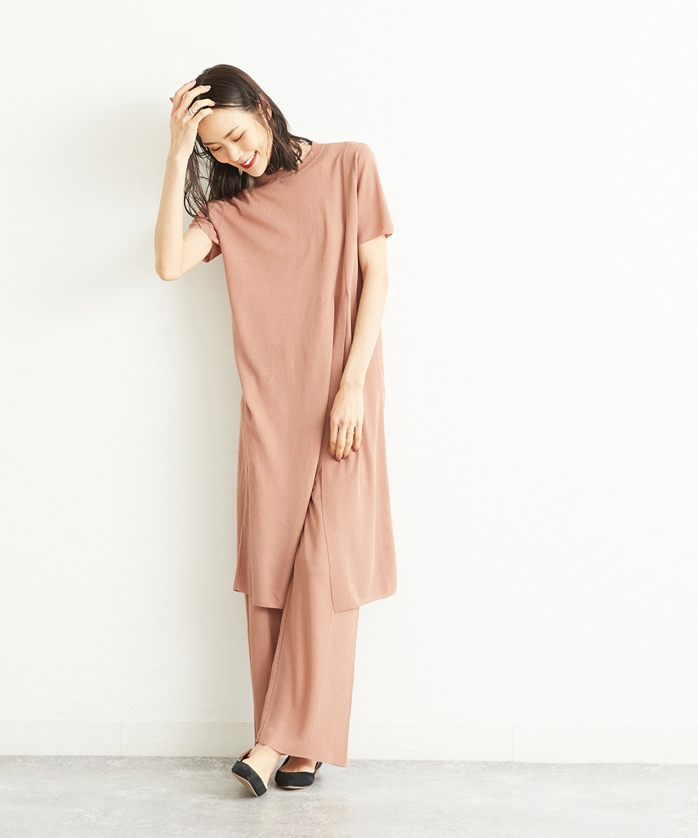 【セットアップ対応/洗える】サイドスリットロングシアーニット