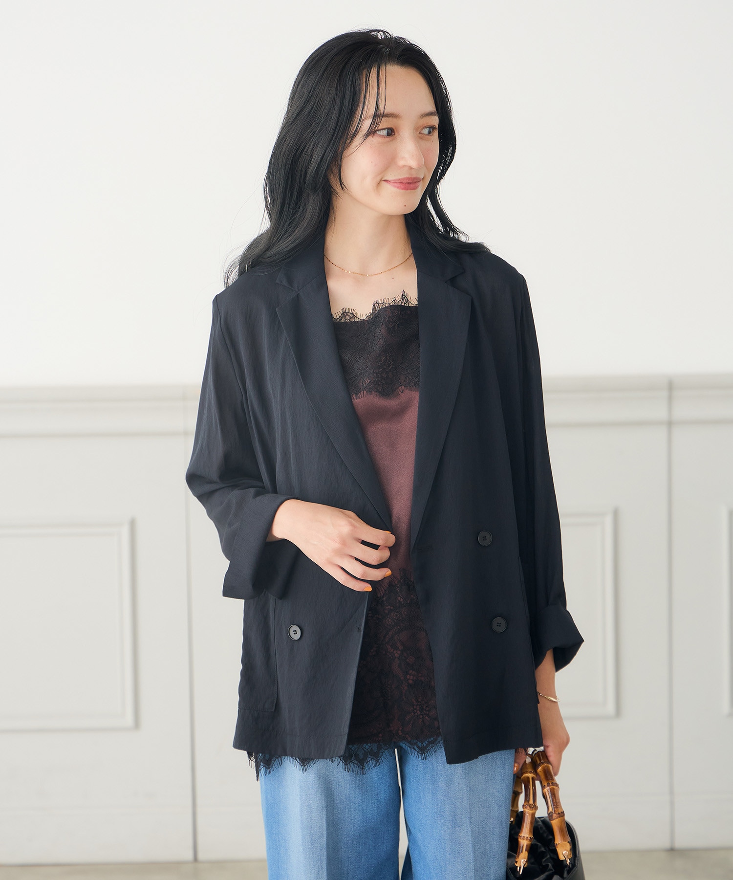 【低身長サイズ/洗える】シアーダブルブレストジャケット