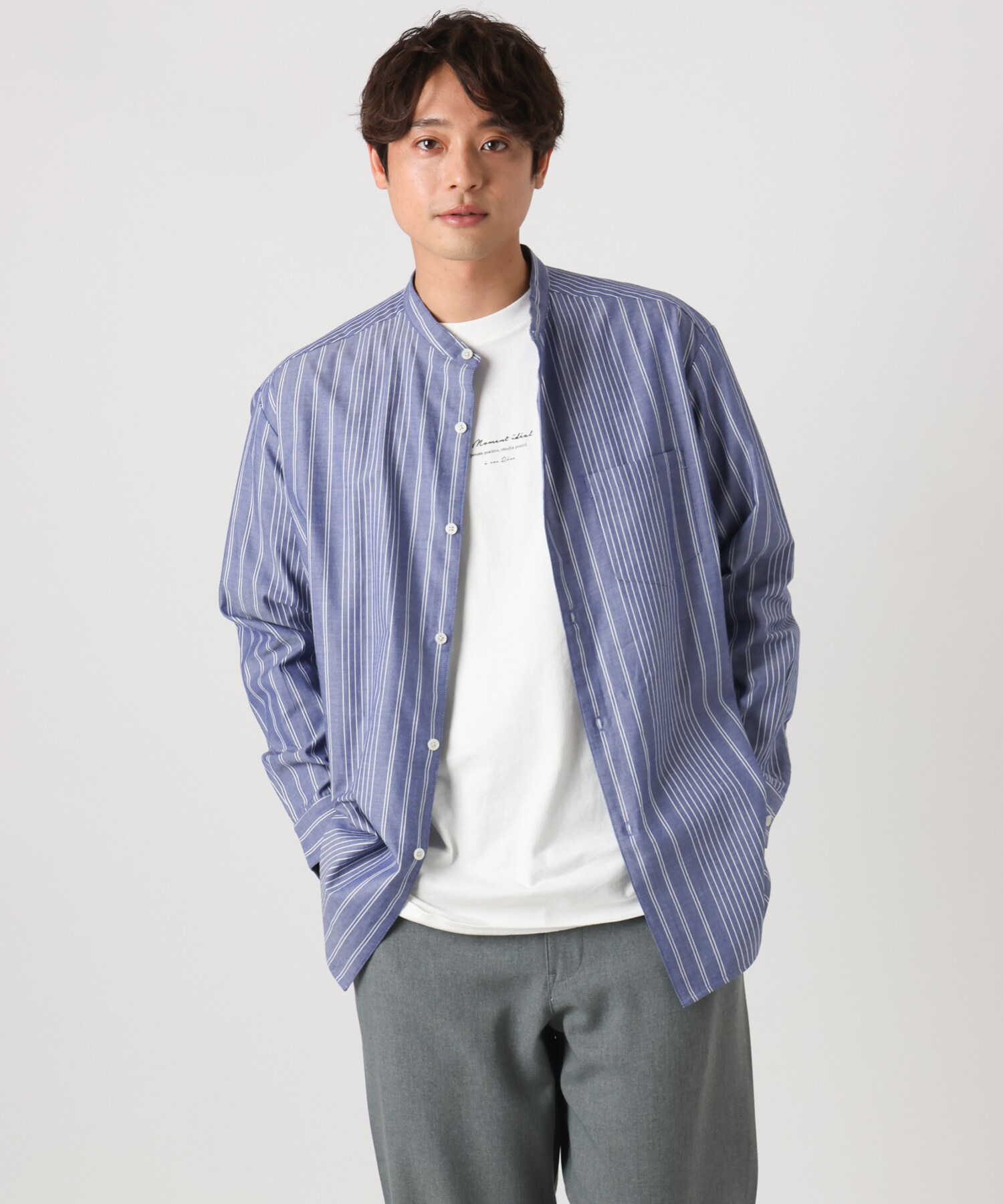 a.v.vのツイルワイドシルエットバンドカラーシャツ