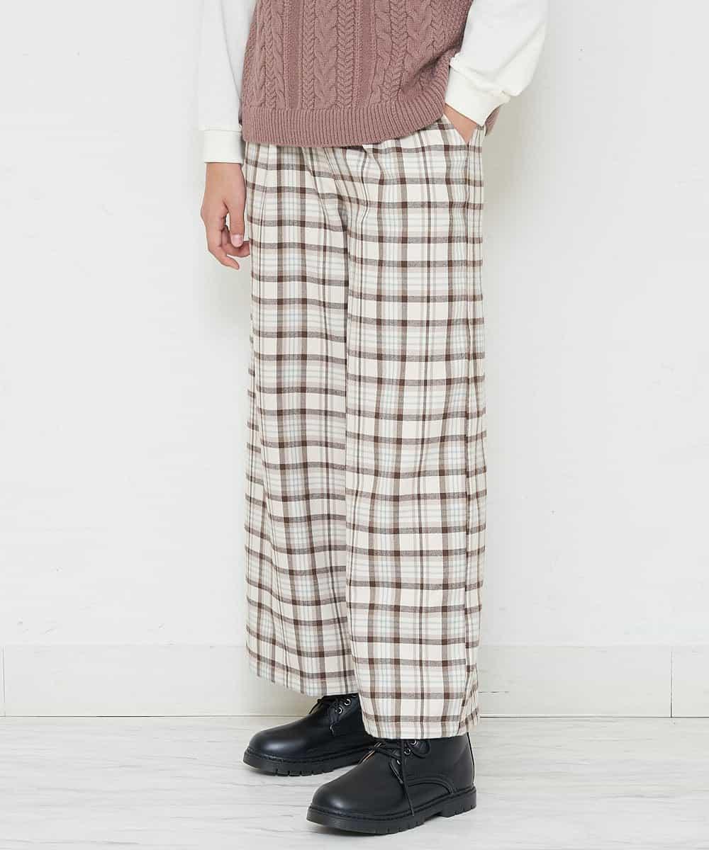 サスペンダー付きチェック柄ワイドパンツ