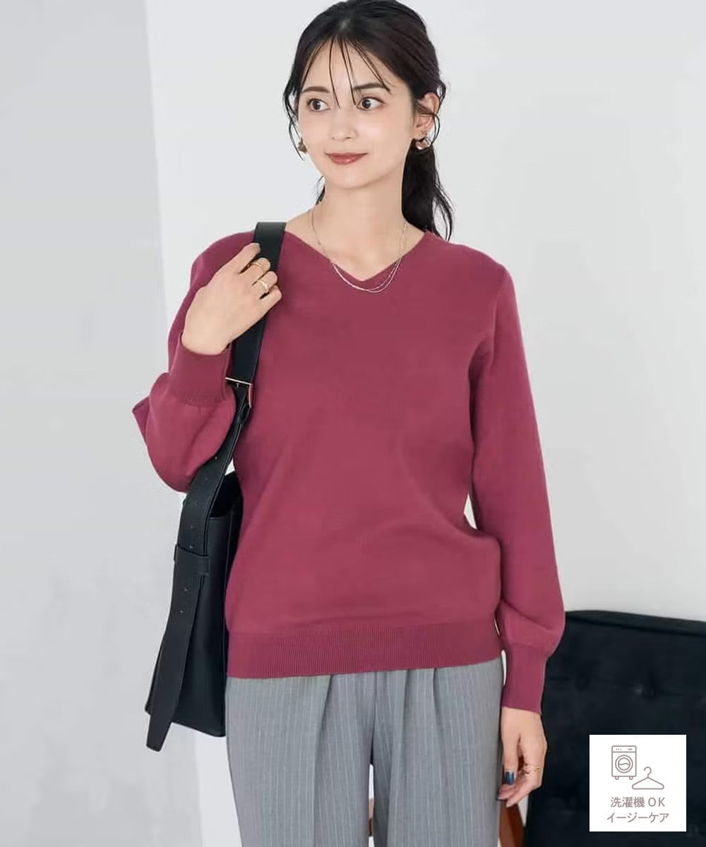 Vネック美ラクるパフスリーブニット