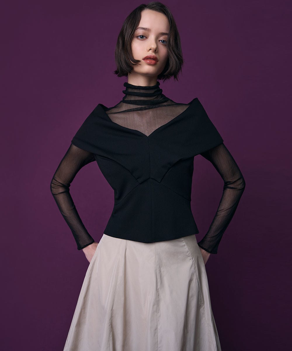 Wide collar jersey top x silk tulle turtle neck