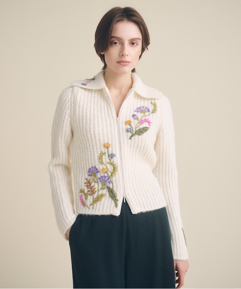 Flower embroidery knit cardigan