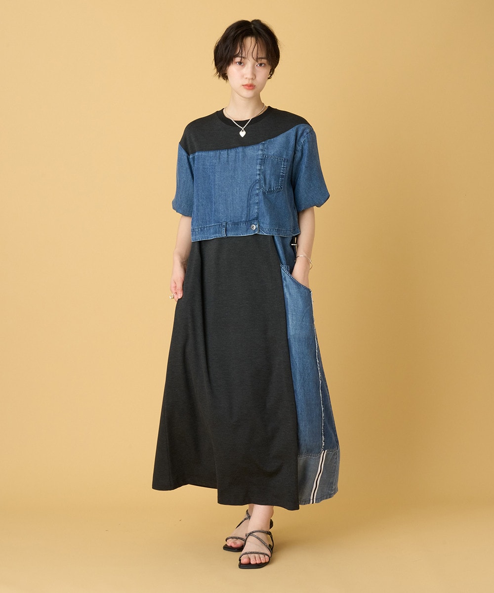 【接触冷感/UVカット】異素材ドッキングレイヤードワンピース