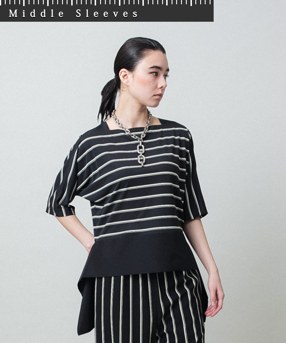 アシンメトリーヘムボーダーブラウス/日本製/洗濯機で洗える