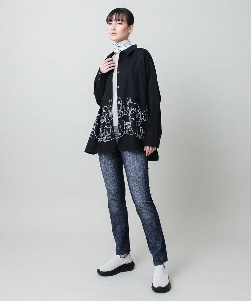 ドッグ刺繍プリントブロードシャツ