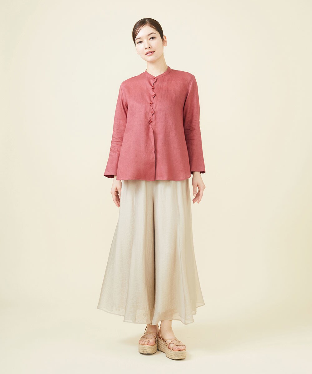 Tencel nylon beige pants x Linen wave design blouse