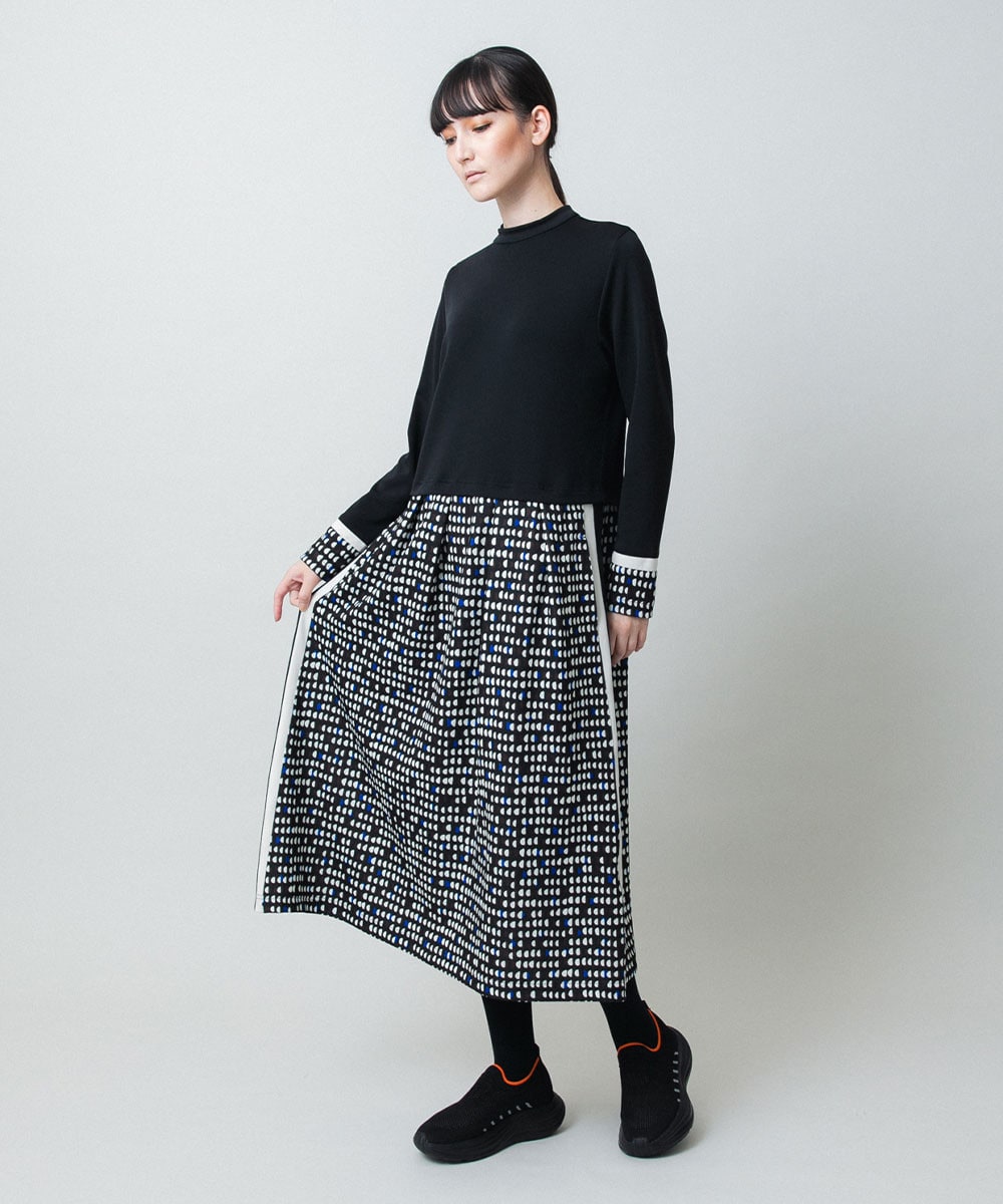 小付きドット切り替えプリントコンビワンピース/洗える