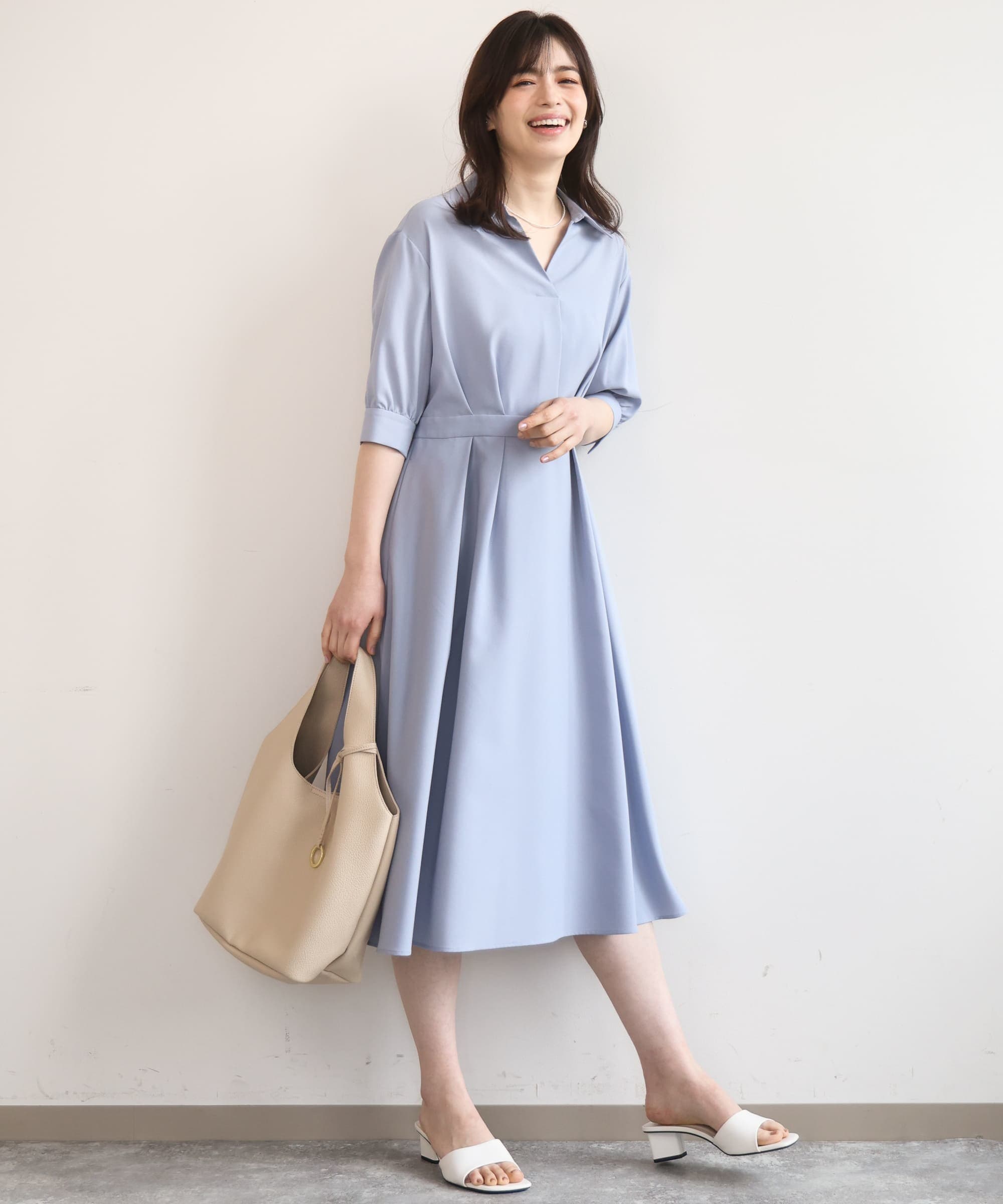 六分袖スキッパーワンピース/UVカット/洗濯機で洗える/WEB限定サイズあり