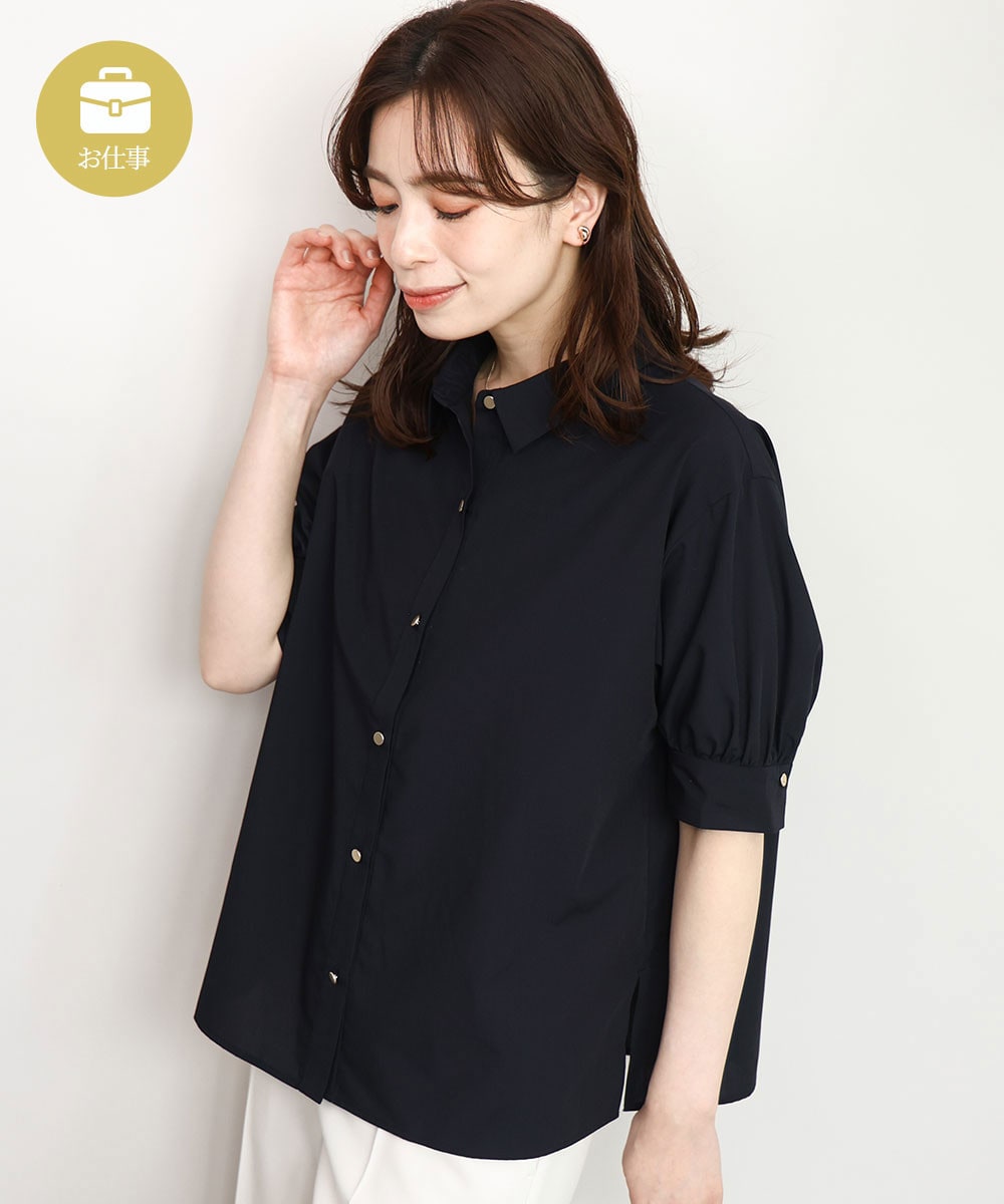 衿付きタックスリーブシャツブラウス/接触冷感/UVカット/洗える/WEB限定サイズあり/セットアップ可