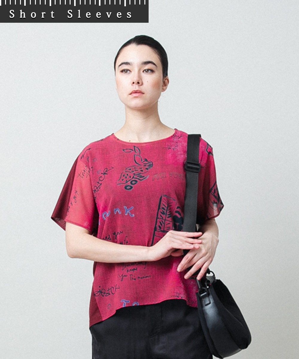 デニム風アートプリントカットソー/日本製/洗える