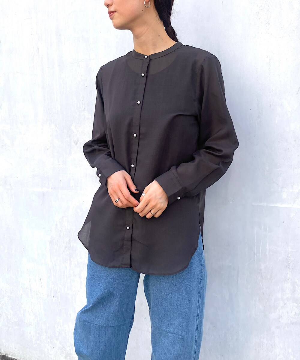 パールボタン　パーツリメイクバンドカラ―シャツ