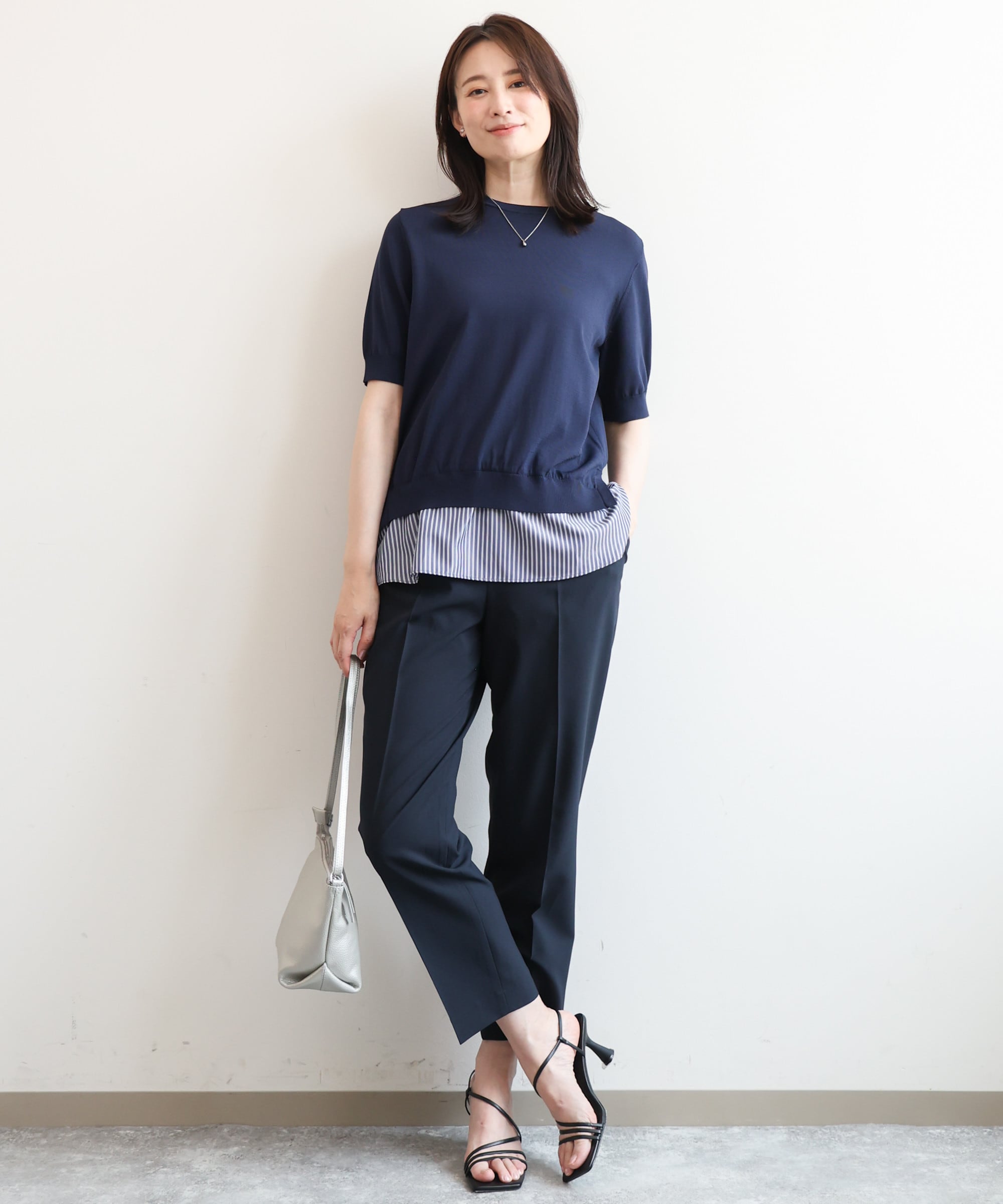 レイヤード風ストライプ切替ニットプルオーバー/UVカット/接触冷感/洗える/WEB限定サイズあり