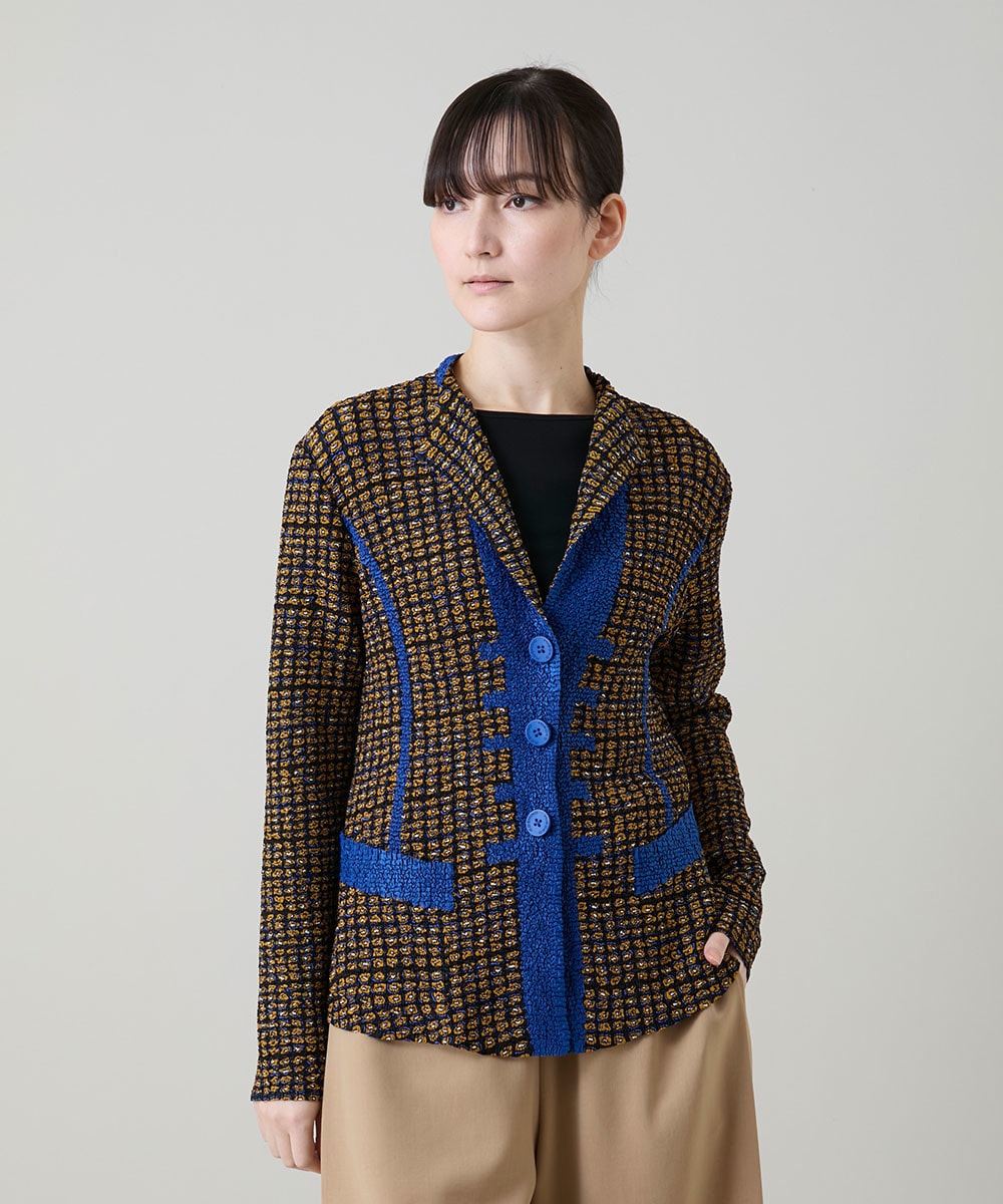 プリーツ幾何学柄バイカラージャケット /洗える