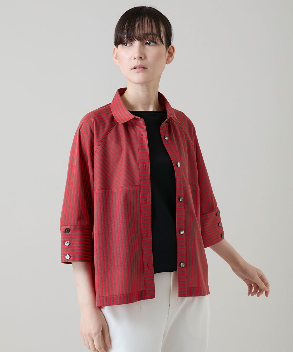 トリコットストライプデザインブラウス/洗える