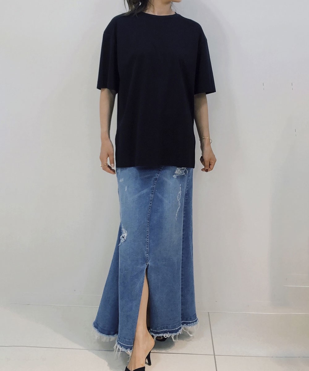 ラインTシャツ[涼]×デニムアシメトリースカート