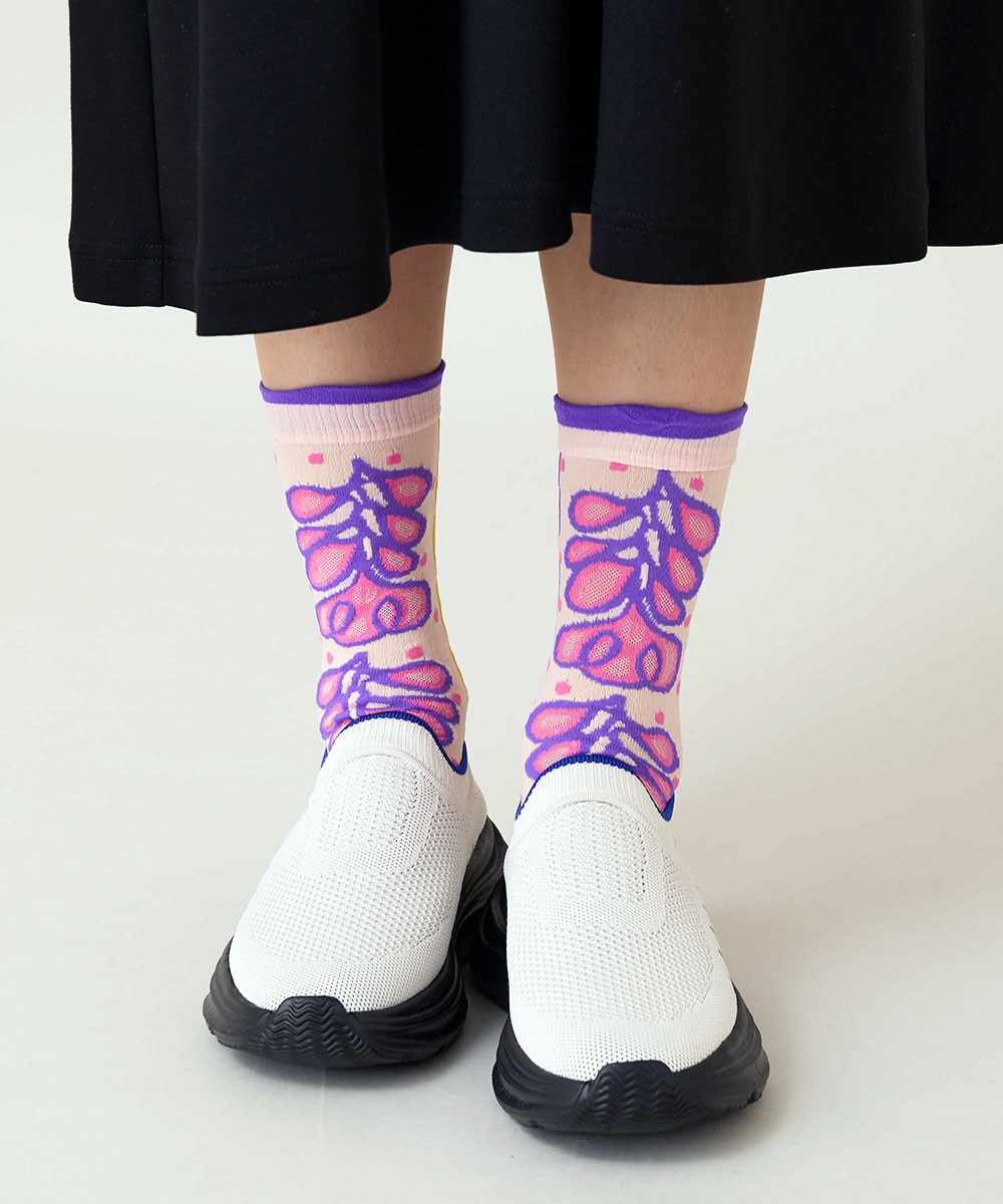 ファジーフラワージャカードソックス /日本製/洗濯機で洗える