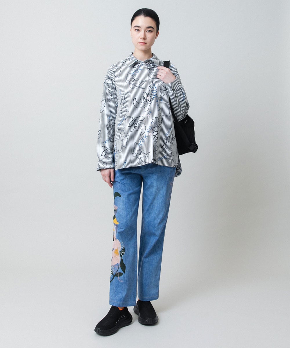 ストライプフラワーワイドシルエットシャツ /洗える