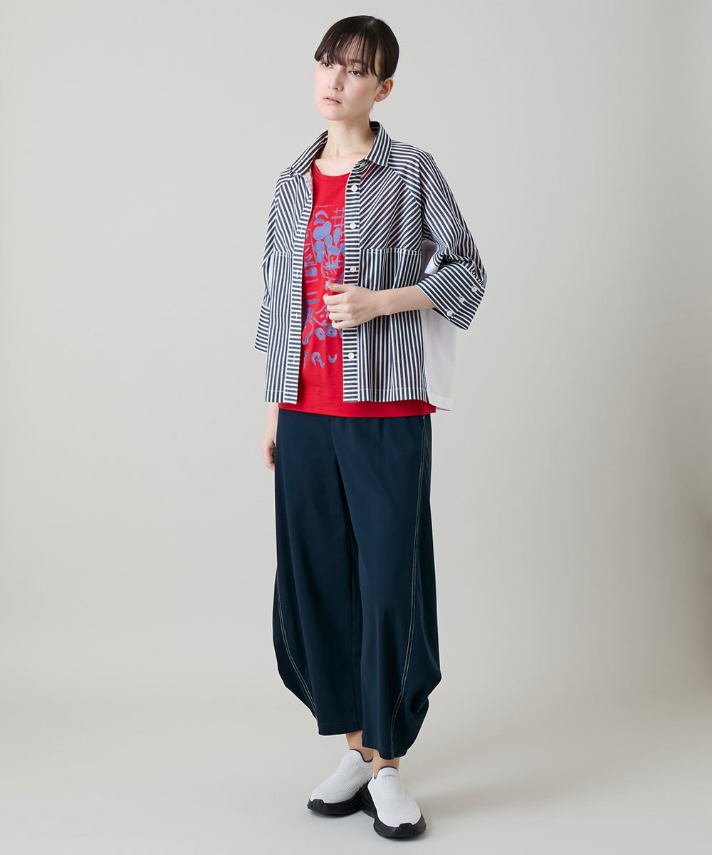 トリコットストライプデザインブラウス/洗える