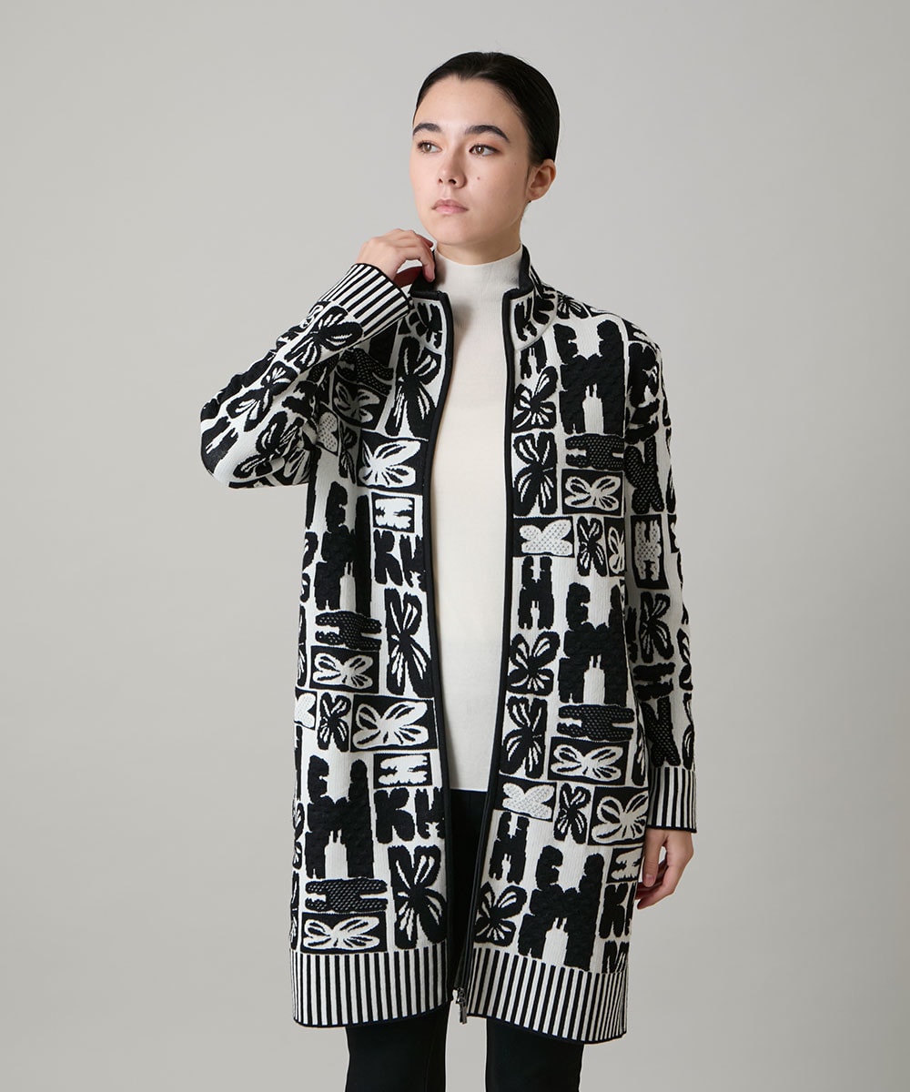 フラワーロゴジャカードジップカーディガン/日本製