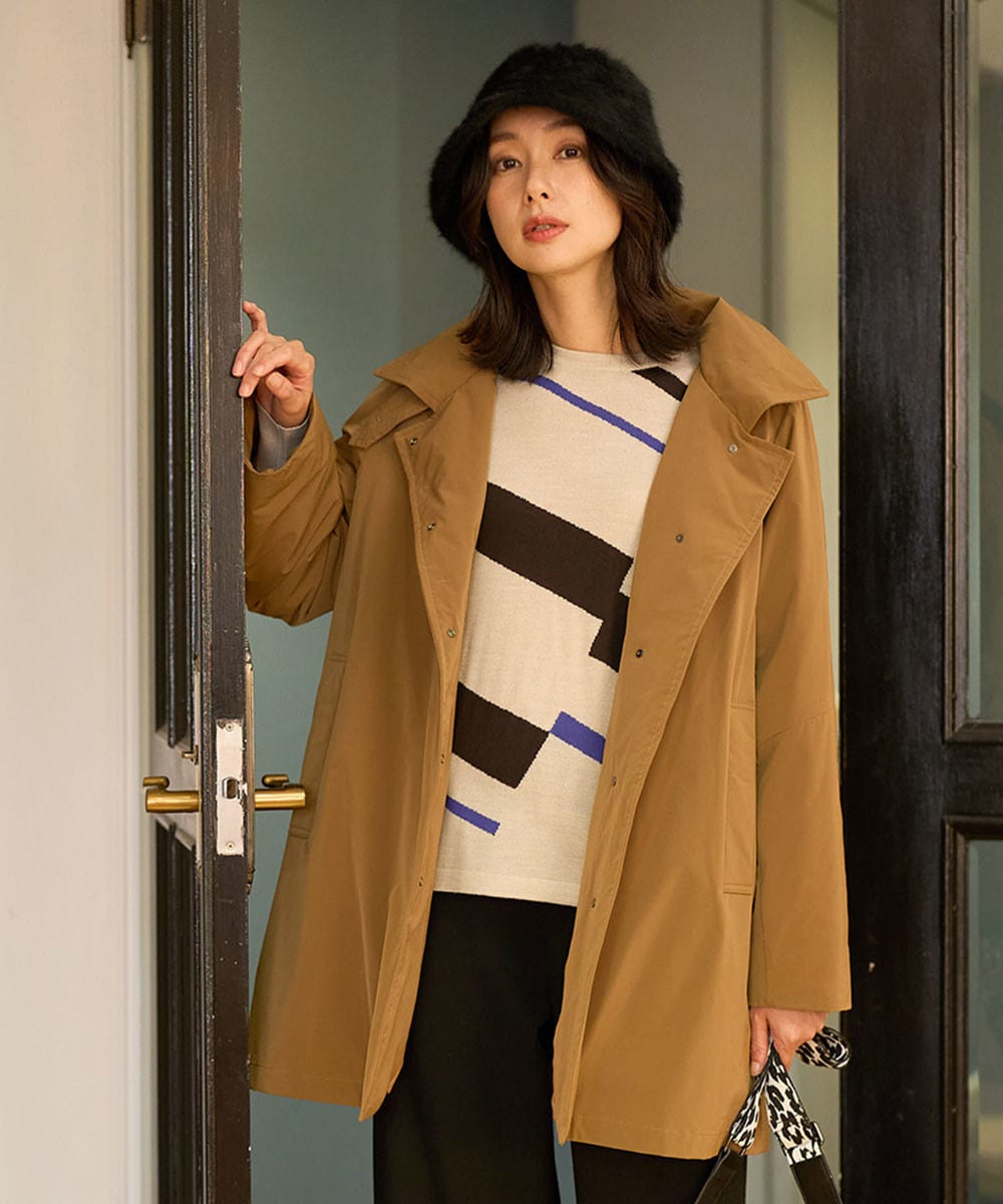 ステッチレスステンカラーミドルダウンコートのコーディネート