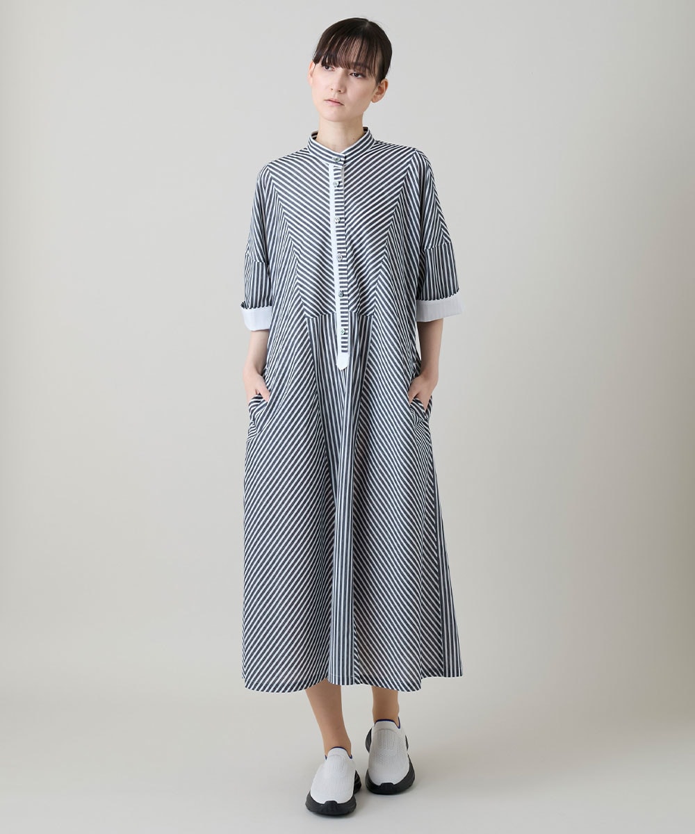 トリコットストライプ切り替えデザインワンピース /洗える