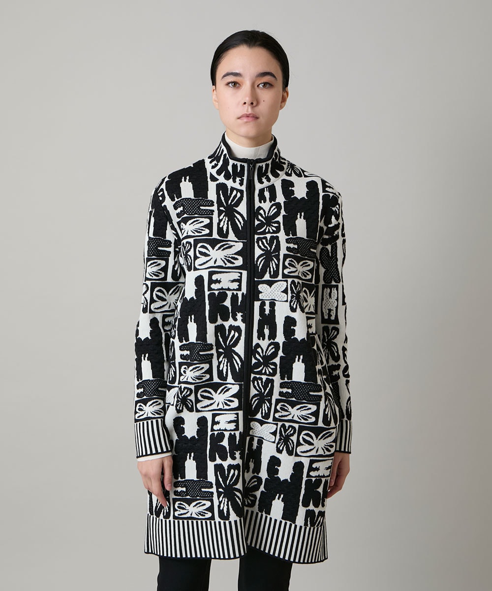 フラワーロゴジャカードジップカーディガン/日本製