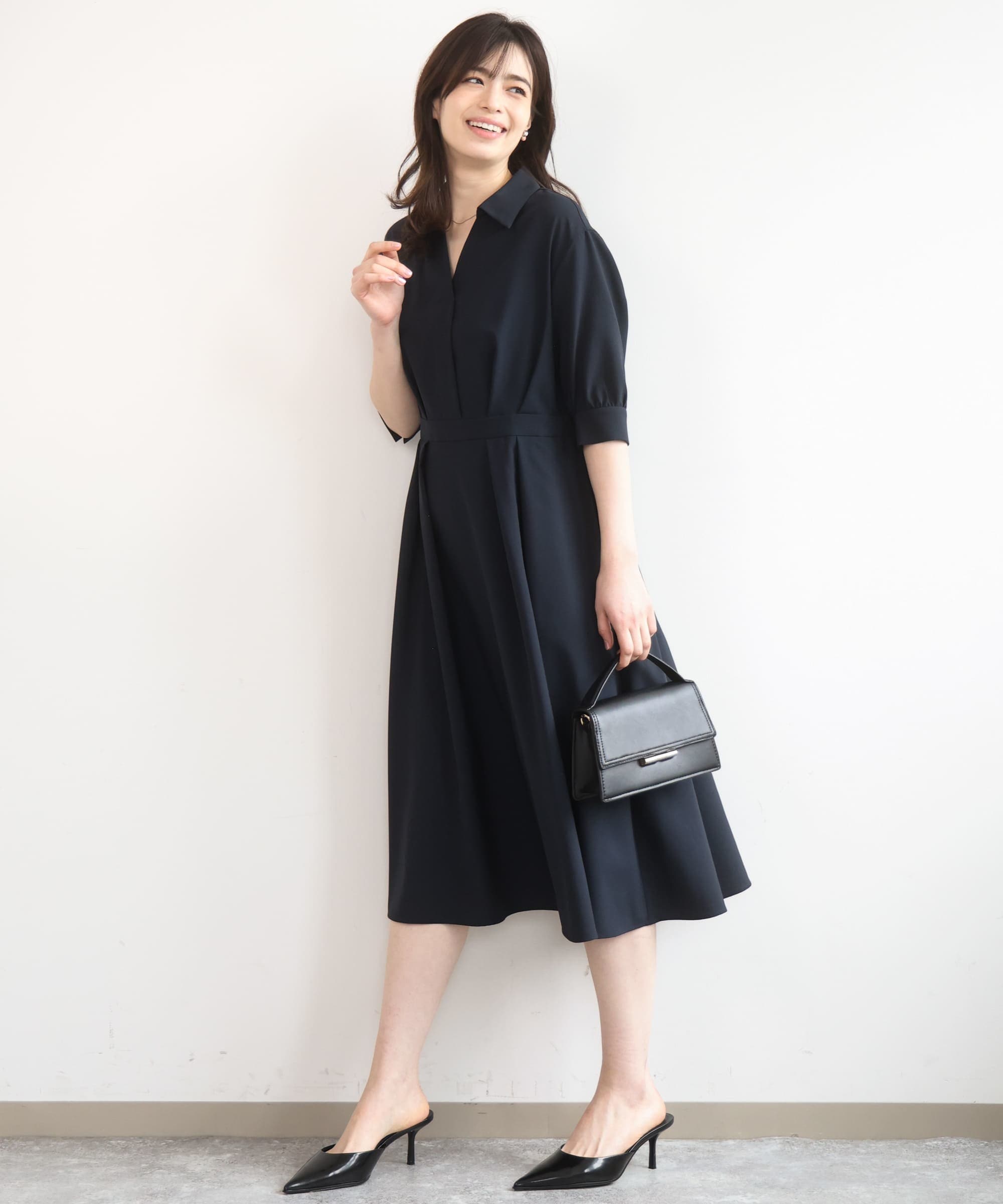 六分袖スキッパーワンピース/UVカット/洗濯機で洗える/WEB限定サイズあり