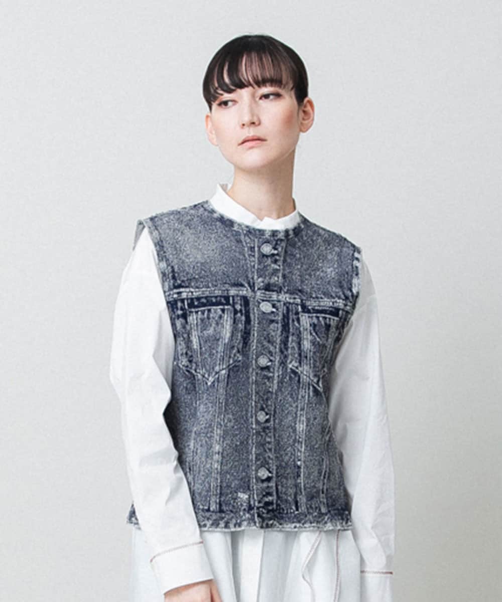 立体ストレッチデニムノーカラーベスト/日本製/洗える