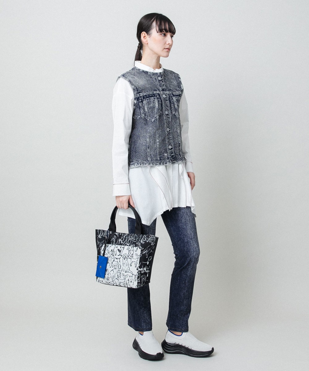 立体ストレッチデニムノーカラーベスト/日本製/洗える